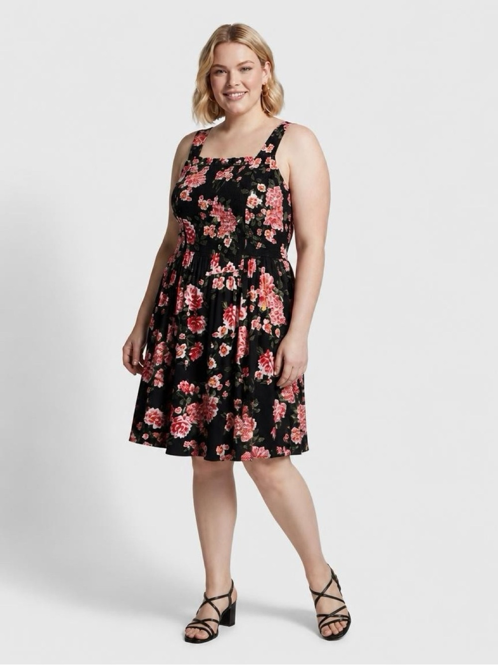Torrid Floral Midi Dress Size 1 Black Pink Rose Sleeveless Sundress